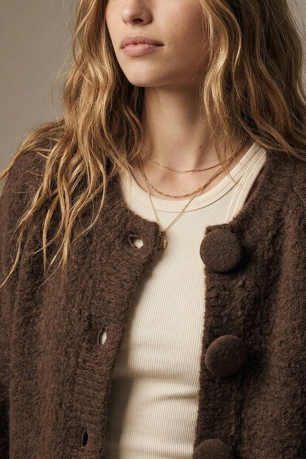 Product view 4 of brown fluffy-knit covered-button cropped cardigan