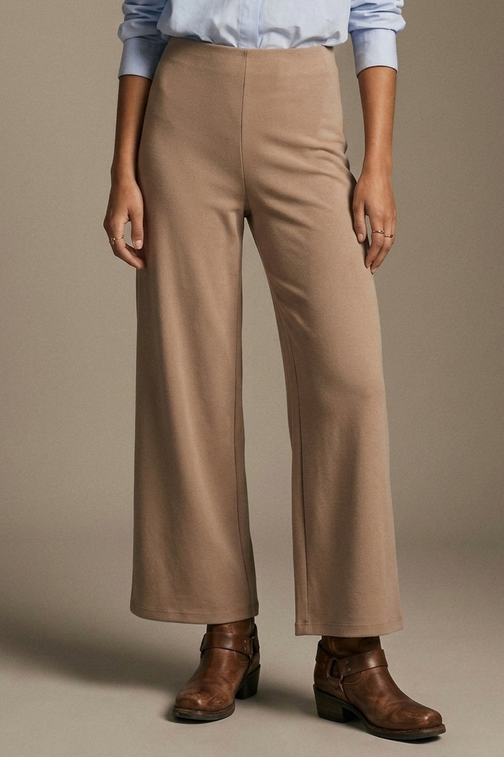 Dark Beige Soft  Knit High Waist Wide Leg Pants without waistband