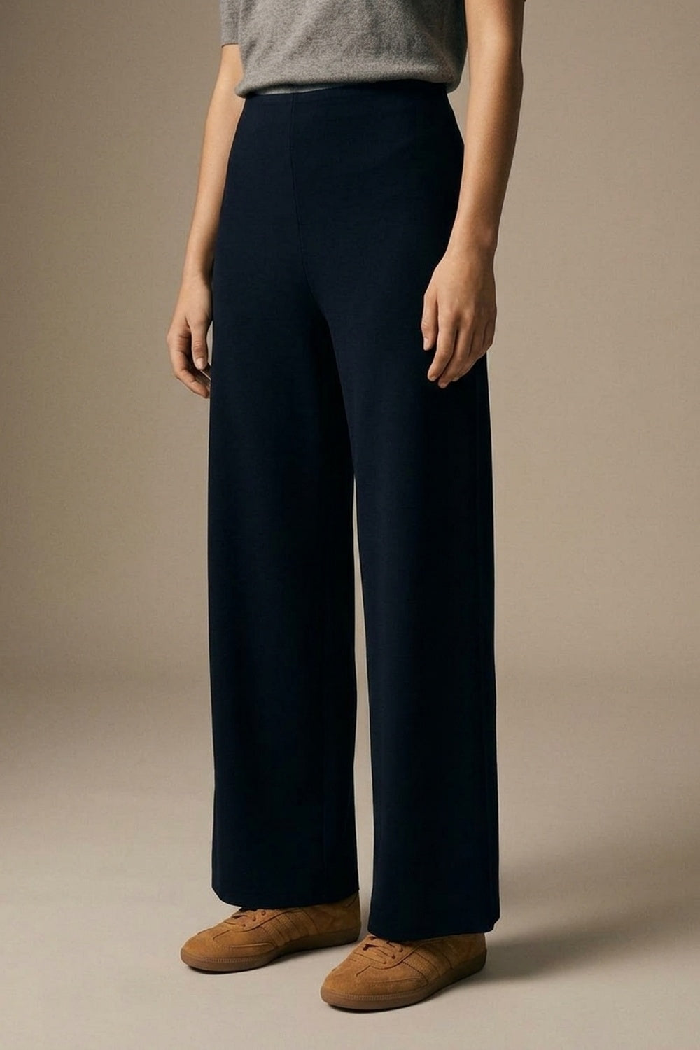 Navy Smooth Woven High Waist Wide Leg Pants without waistband