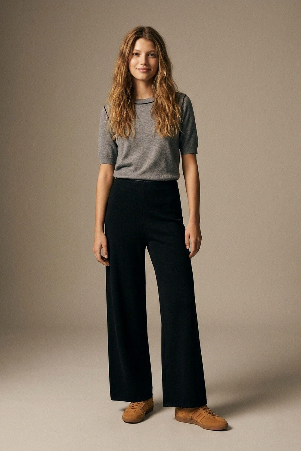 Navy Smooth Woven High Waist Wide Leg Pants without waistband