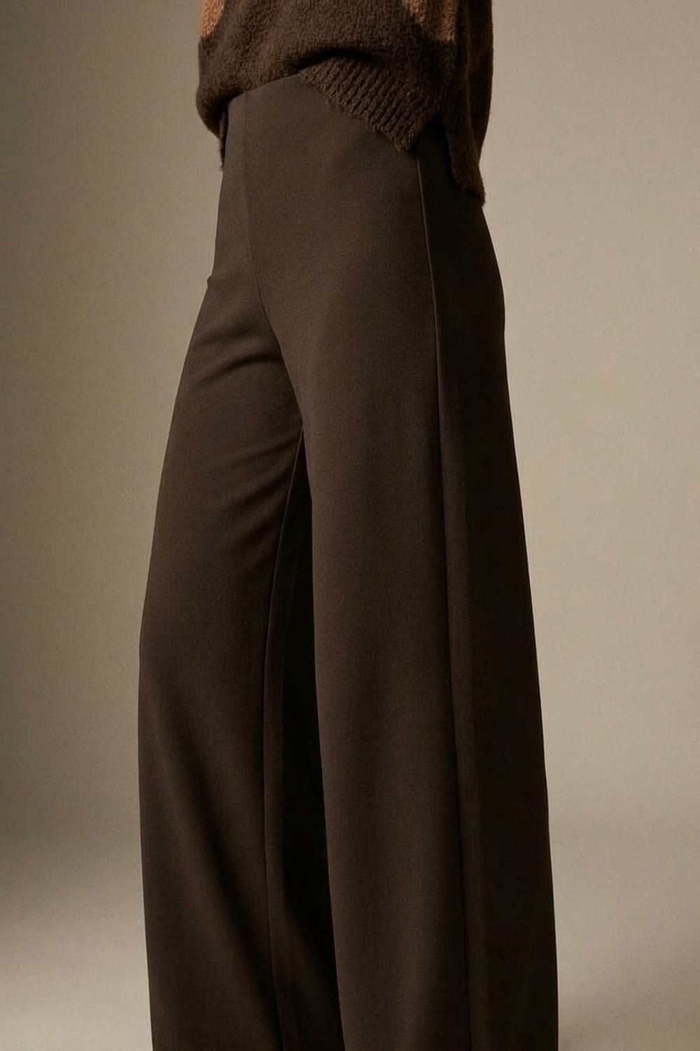 chocolate Brown Wide-Leg Stretch Knit Pants without waistband