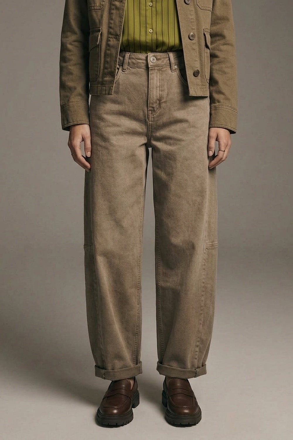 Camel Wide-Leg Casual Twill Pants in Barrel Style