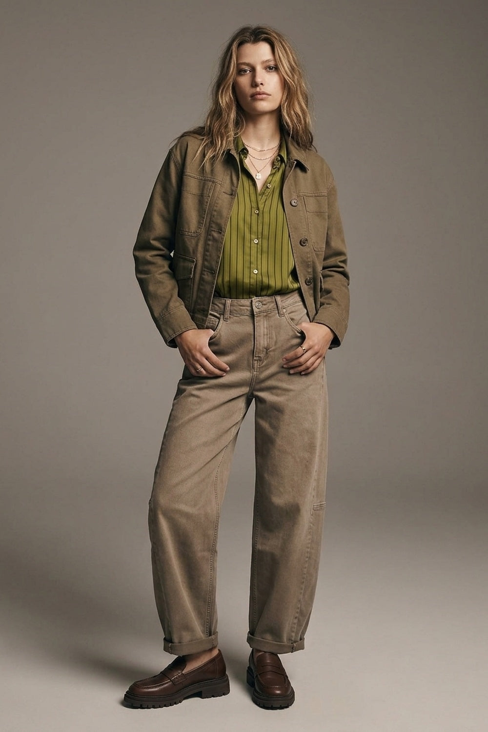 Camel Wide-Leg Casual Twill Pants in Barrel Style