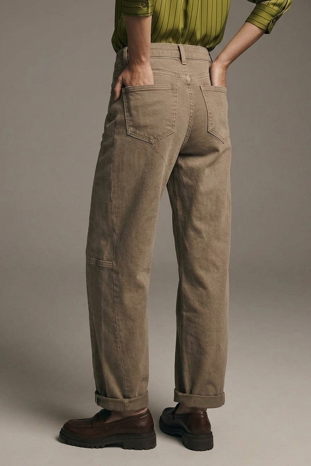 Camel Wide-Leg Casual Twill Pants in Barrel Style