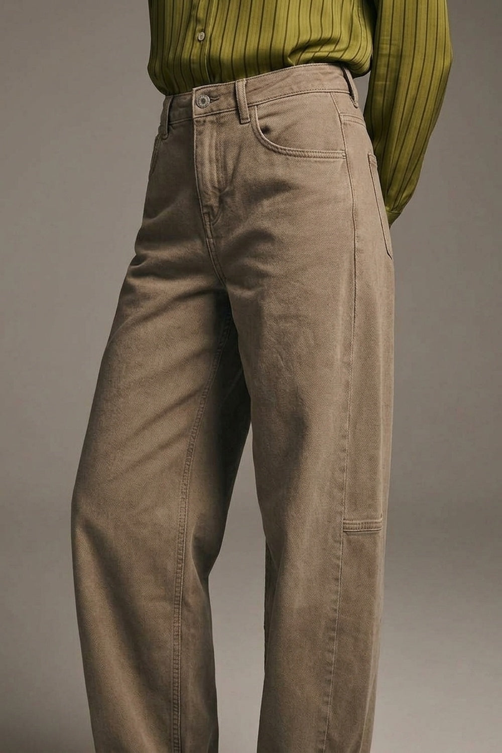 Camel Wide-Leg Casual Twill Pants in Barrel Style