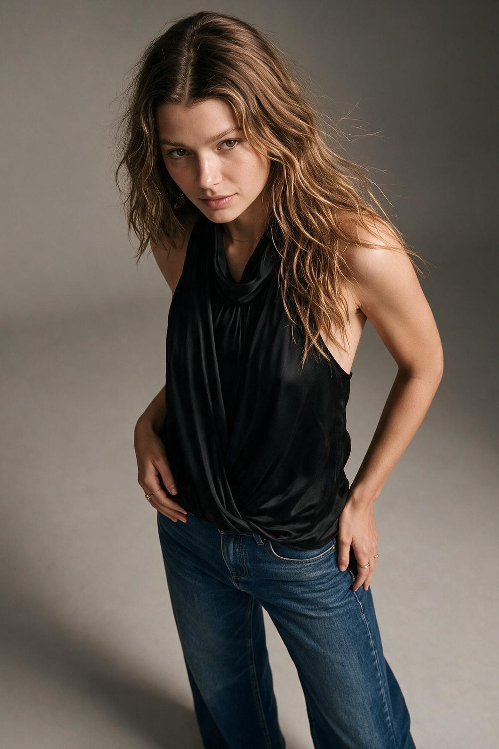 Black Satin Draped Halter Neck Sleeveless Blouse Top
