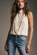 Cream Satin Drape Neck Halter Sleeveless Blouse Top