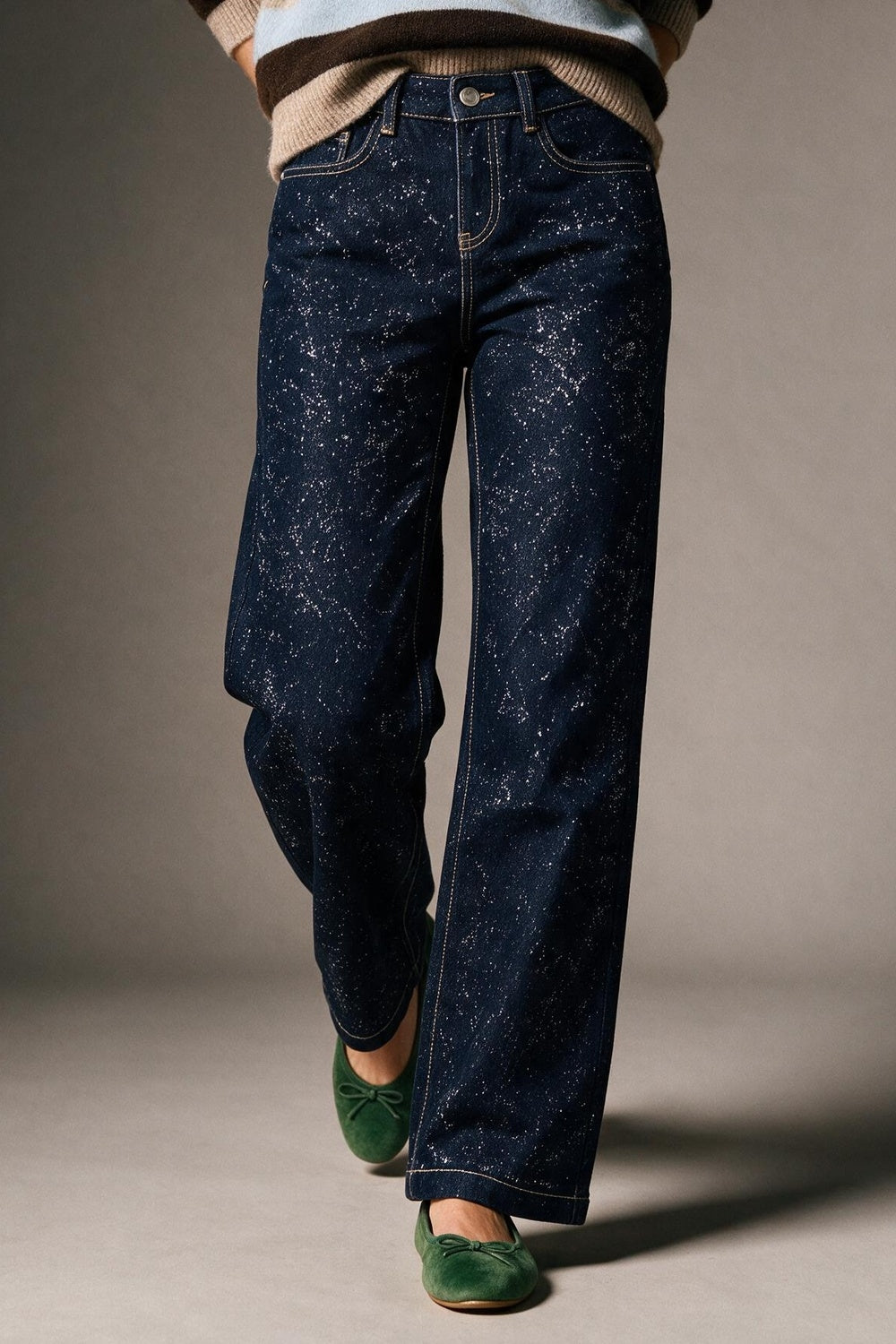 Dark Blue Wide Leg Jeans with glitter on the front