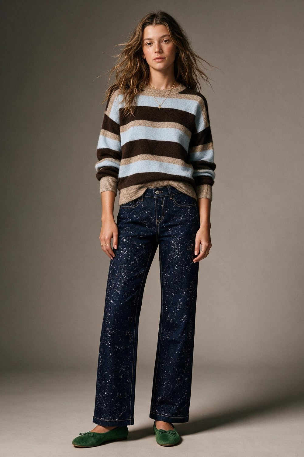 Dark Blue Wide Leg Jeans with glitter on the front