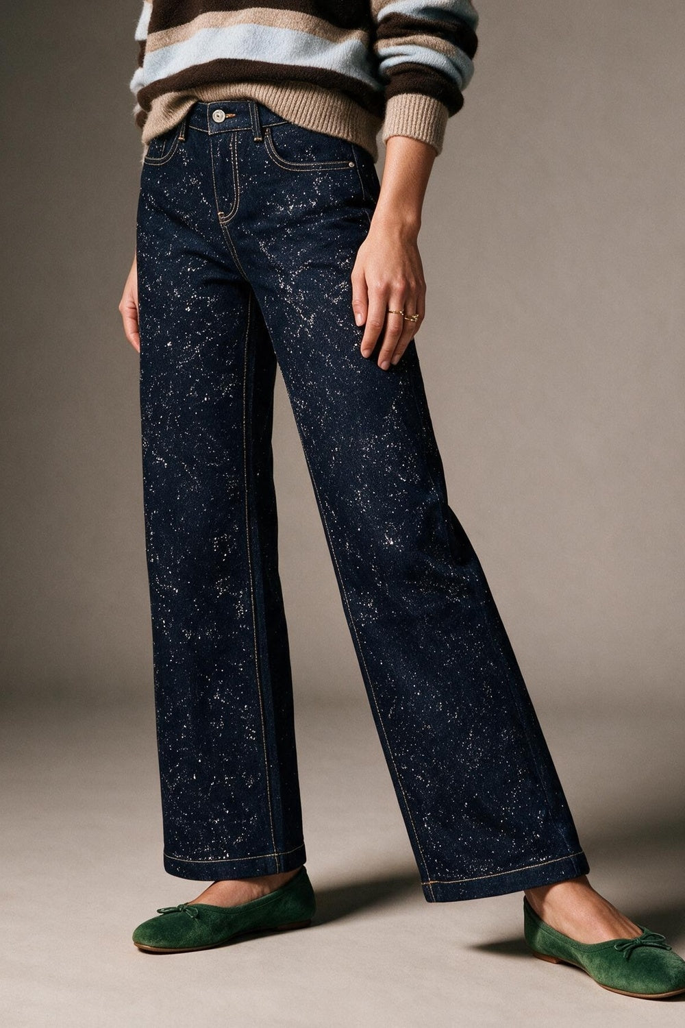 Dark Blue Wide Leg Jeans with glitter on the front