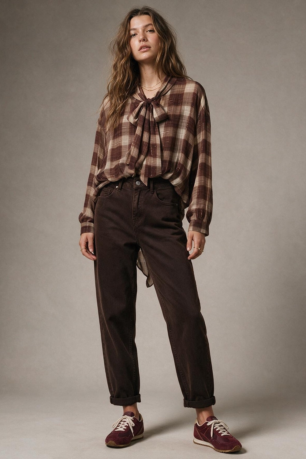 Brown Check printed Asymmetrical back Blouse in chiffon