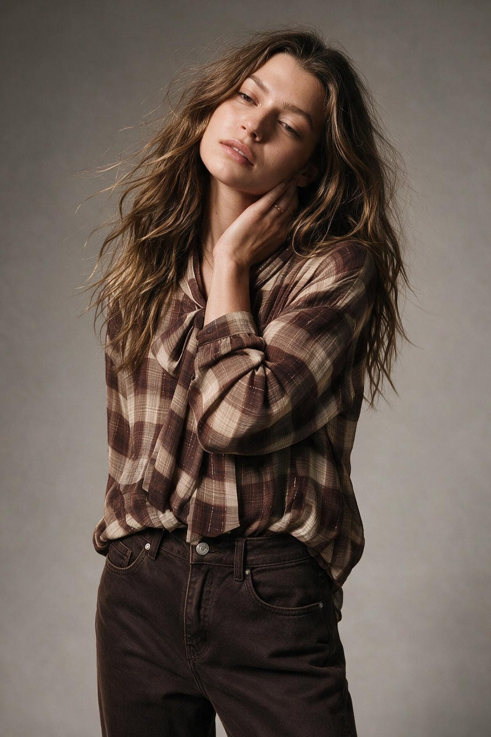 Brown Check printed Asymmetrical back Blouse in chiffon