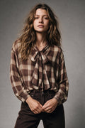 Brown Check printed Asymmetrical back Blouse in chiffon