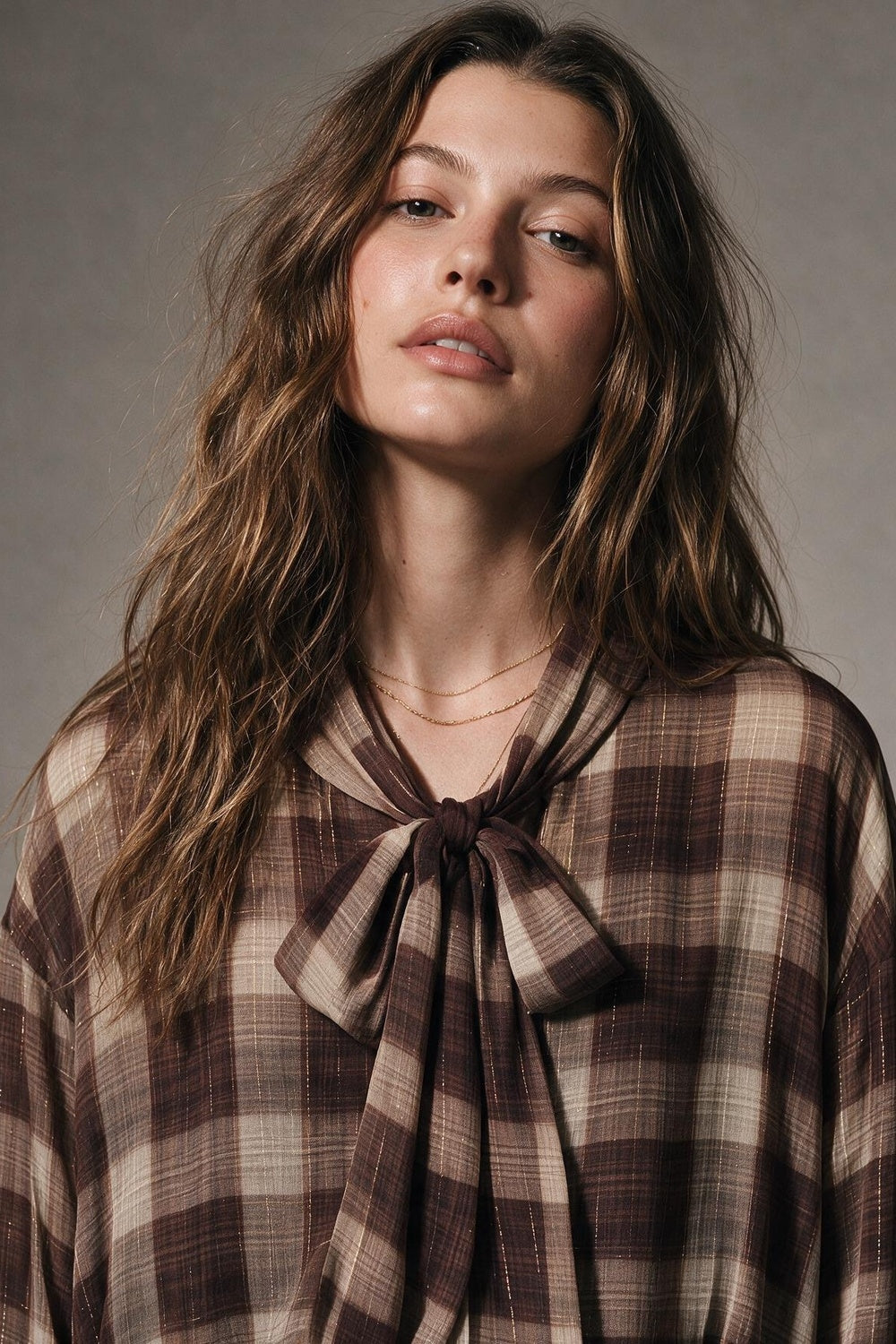 Brown Check printed Asymmetrical back Blouse in chiffon