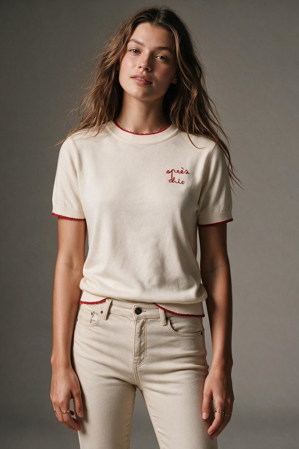 Cream Fine Knit Embroidered Short Sleeve sweater with red Trim
