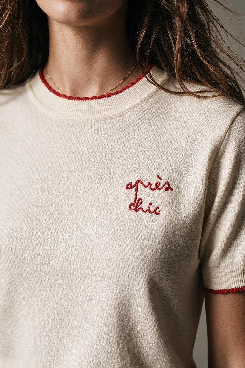 Cream Fine Knit Embroidered Short Sleeve sweater with red Trim