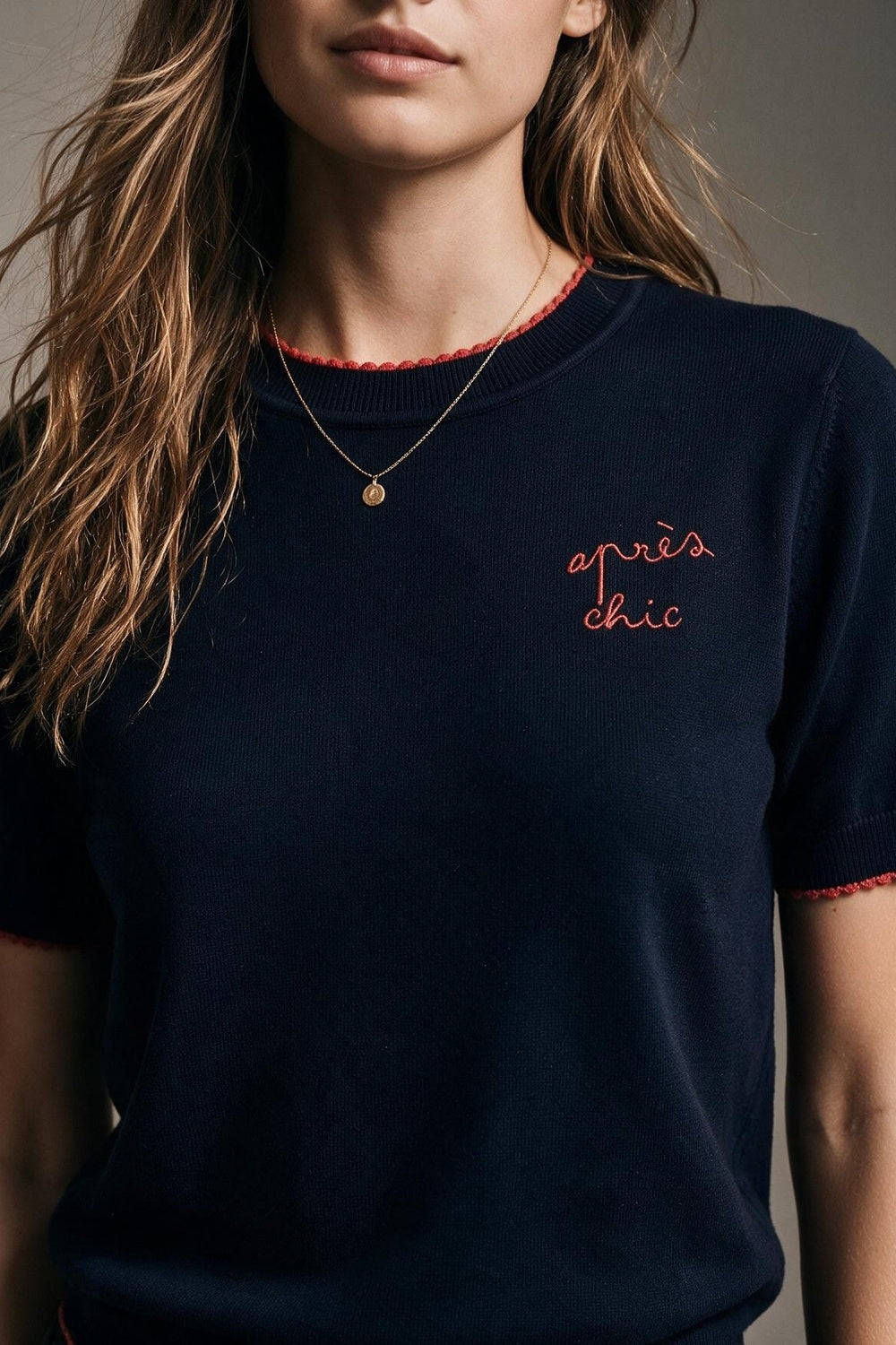 Navy Fine Knit Embroidered Short Sleeve sweater with red Trim