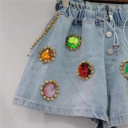 UNIKCOSA GemEdge High-Waist Diamond Beaded Denim Shorts for Women 💎