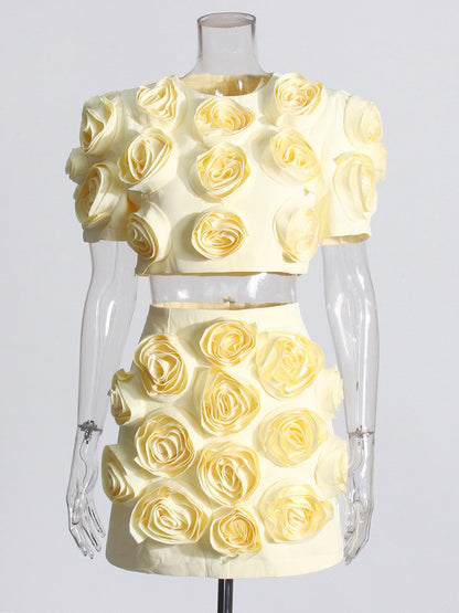 UNIKCOSA BloomGrace 3D Floral Bubble Sleeve Top & A-Line Skirt Set