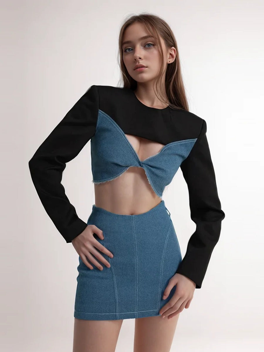 UNIKCOSA Patchwork Bow Top & A-Line Mini Skirt Set — Chic European Style Co-Ord 💋