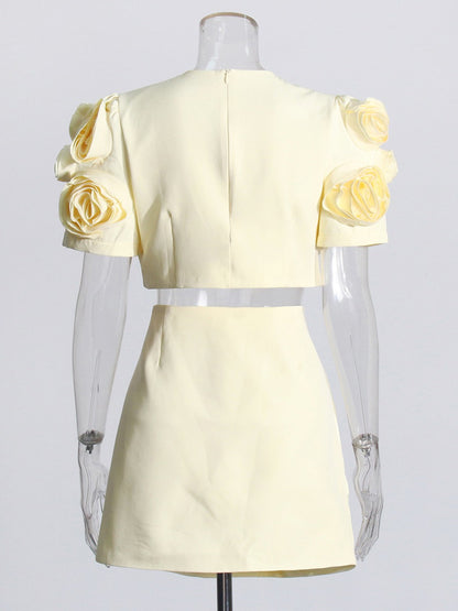 UNIKCOSA BloomGrace 3D Floral Bubble Sleeve Top & A-Line Skirt Set