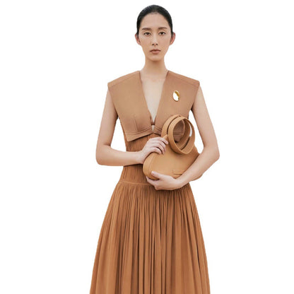 UNIKCOSA Velora V Neck Sleeveless Pleated Dress Khaki 💫