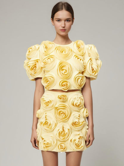 UNIKCOSA BloomGrace 3D Floral Bubble Sleeve Top & A-Line Skirt Set
