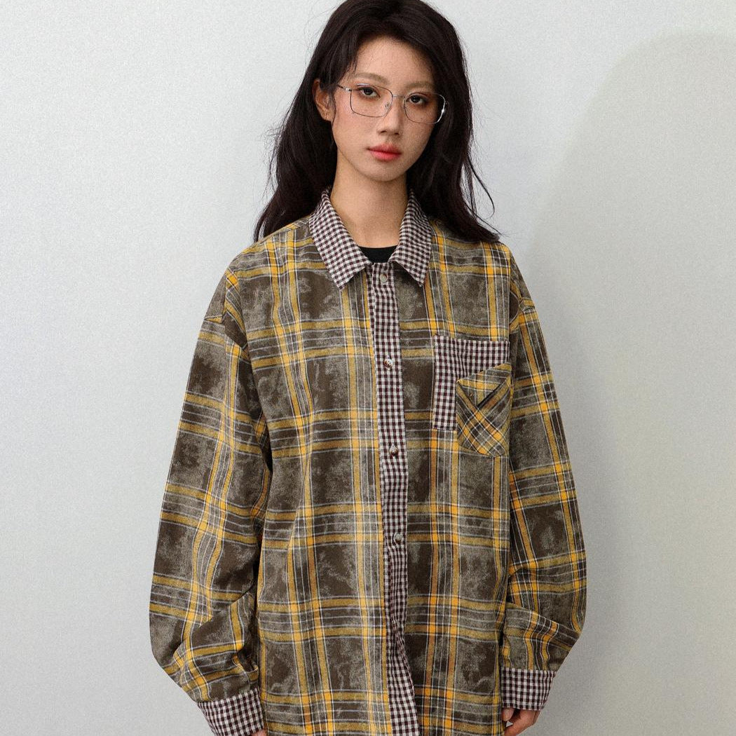 UNIKCOSA RetroMuse Vintage Plaid Patchwork Casual Shirt 💫