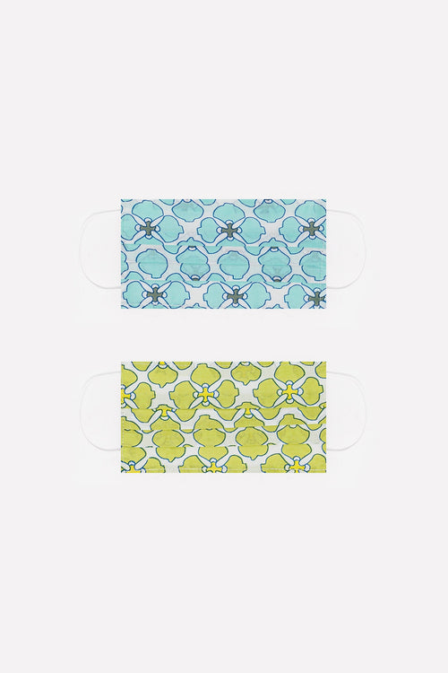 Q2 2 PACK organic cotton flower print Mask in green and turquoise