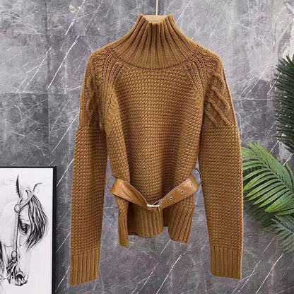 UNIKCOSA Belted Knit Half-Turtleneck Sweater — Vintage Slim-Waist Korean Pullover 🧥