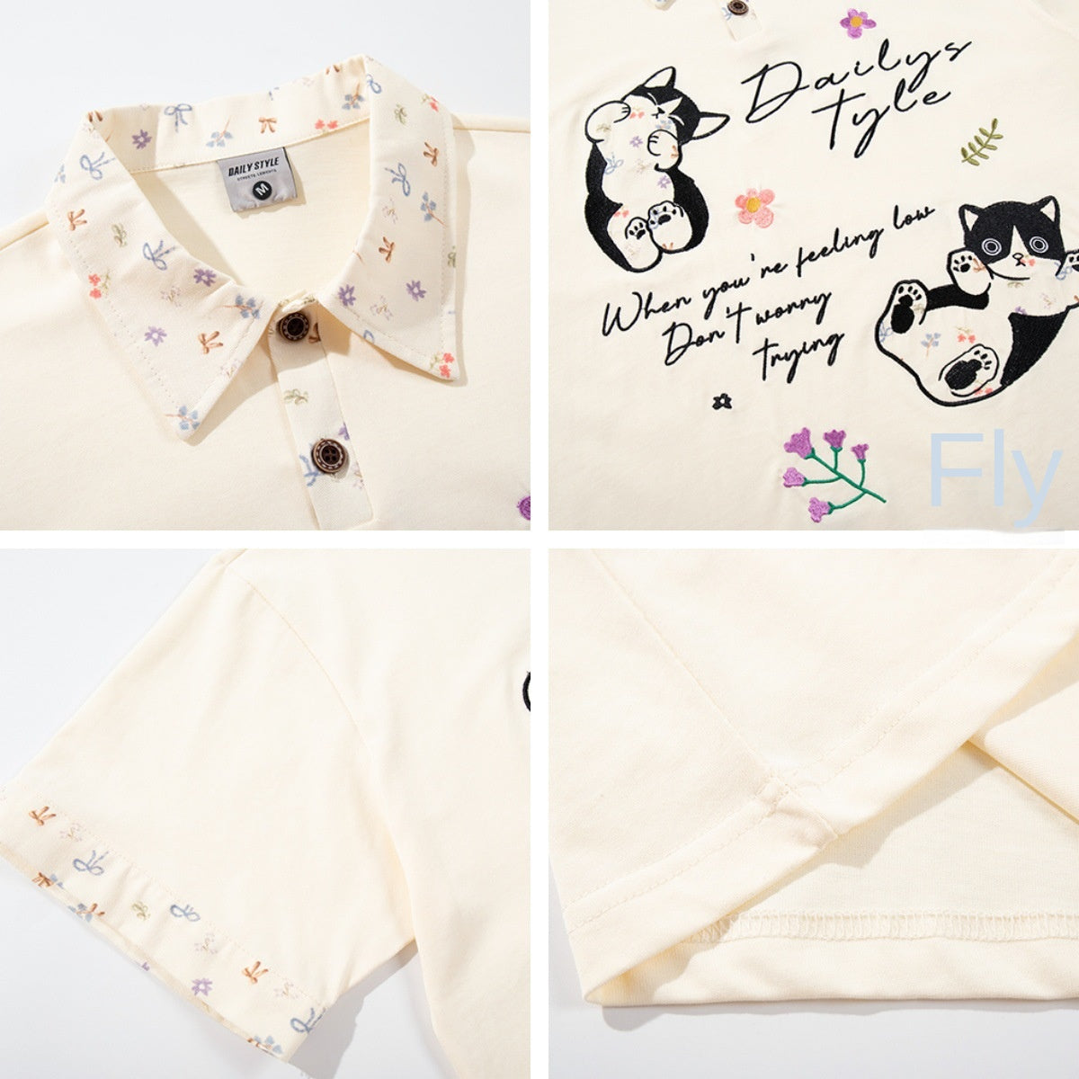 UNIKCOSA RetroMuse Cat Embroidered Short Sleeve Polo Shirt 💫