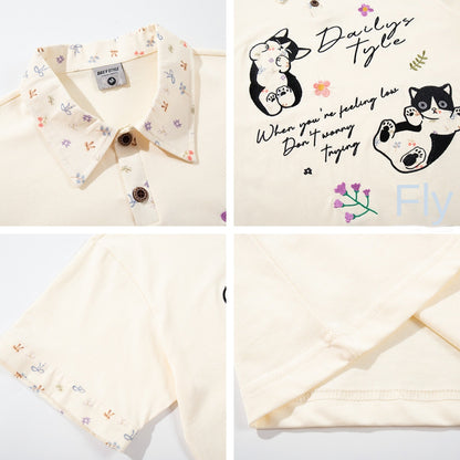 UNIKCOSA RetroMuse Cat Embroidered Short Sleeve Polo Shirt 💫