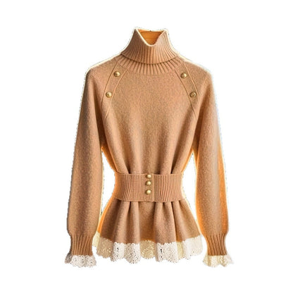 UNIKCOSA Velora Lace Stitching Belted Knit Top Slim Fit 💫