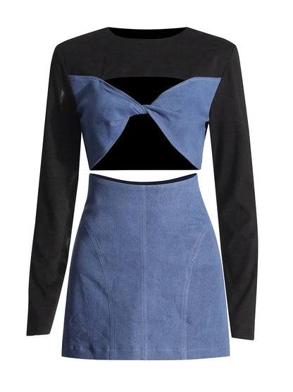 UNIKCOSA Patchwork Bow Top & A-Line Mini Skirt Set — Chic European Style Co-Ord 💋