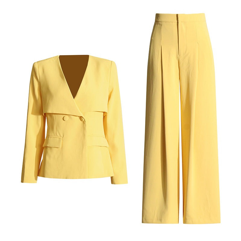 UNIKCOSA V-Neck Slim-Fit Blazer & Pleated Wide-Leg Pants Set — Modern Elegance Edition 💛