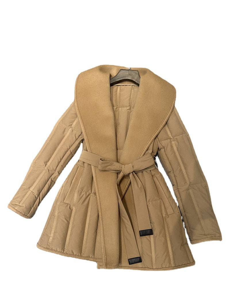 UNIKCOSA Velora Camel Goose Down Jacket Wool Collar Belt 💫