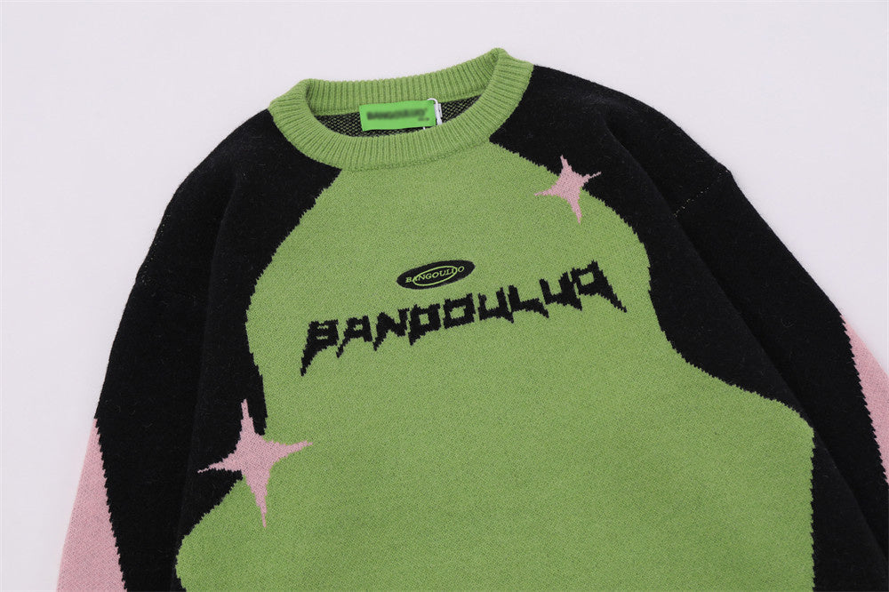 UNIKCOSA Contrast Jacquard Knit Sweater – Blue & Green Street Style Winter Essential