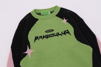 UNIKCOSA Contrast Jacquard Knit Sweater – Blue & Green Street Style Winter Essential