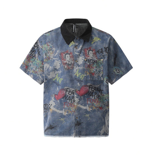 UNIKCOSA UrbanSoul Lapel Denim Shirt Graffiti Print 🌆