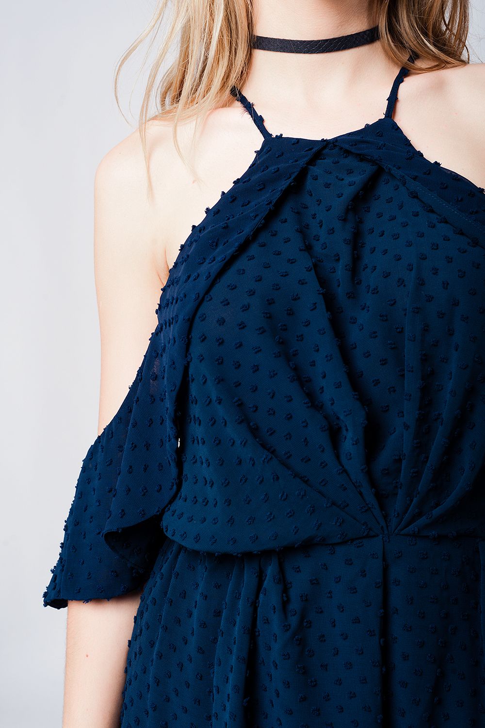UNIKCOSA Navy plumeti cold-shoulder lightweight romper