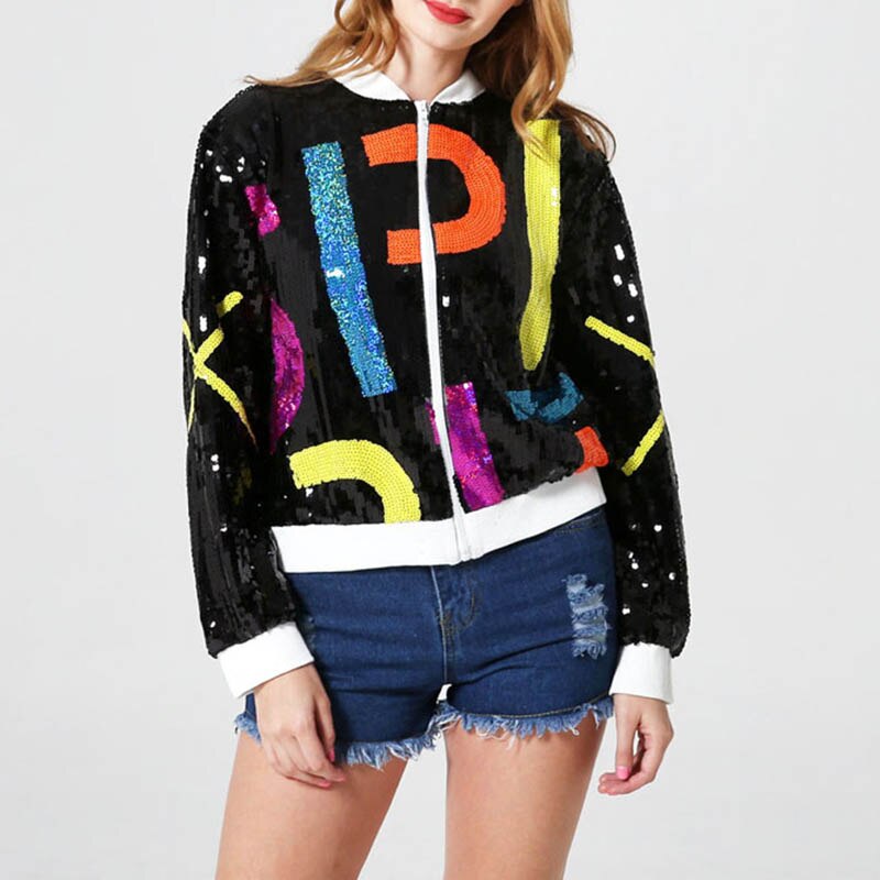 UNIKCOSA Sequined Letter Bomber Jacket — “PERHAPS U” Multicolor Statement Outerwear ✨