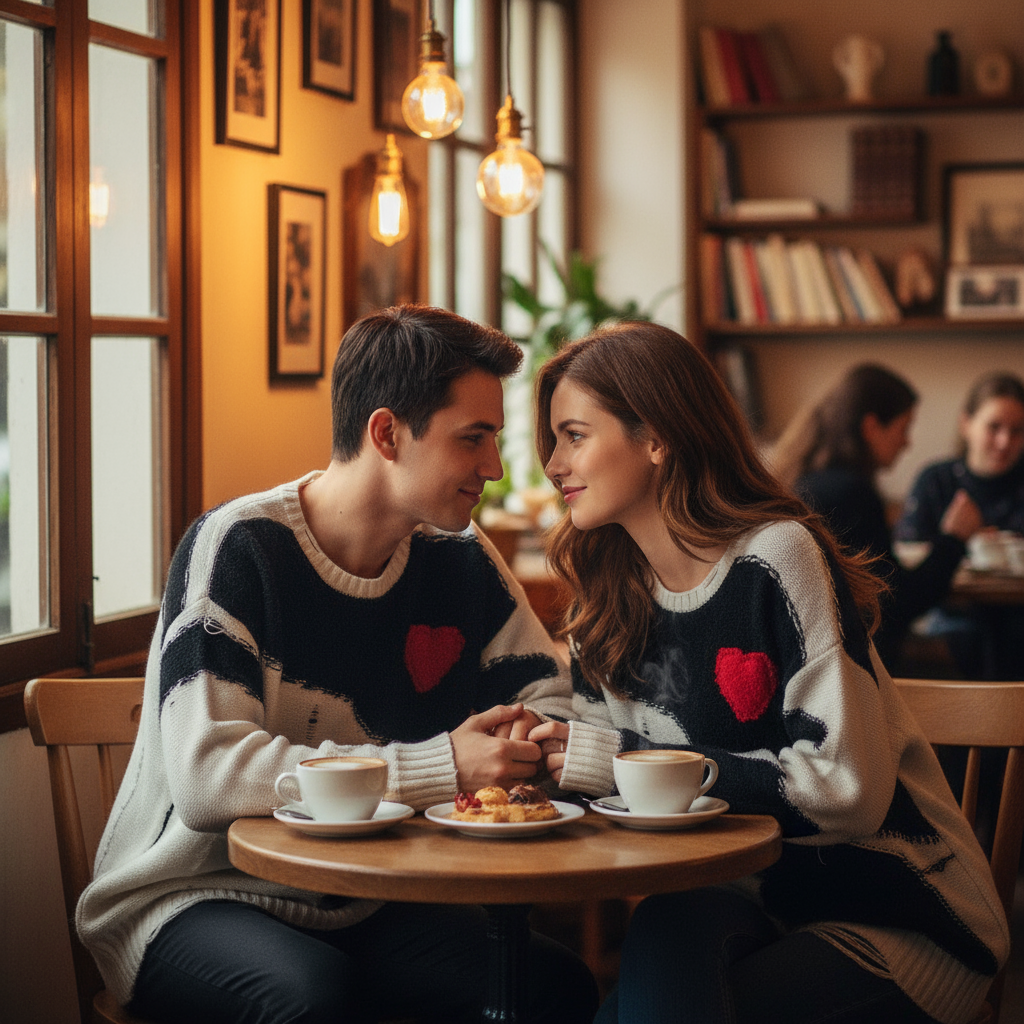 Two people sitting at a table in a cozy café, wearing matching sweaters with red hearts.
