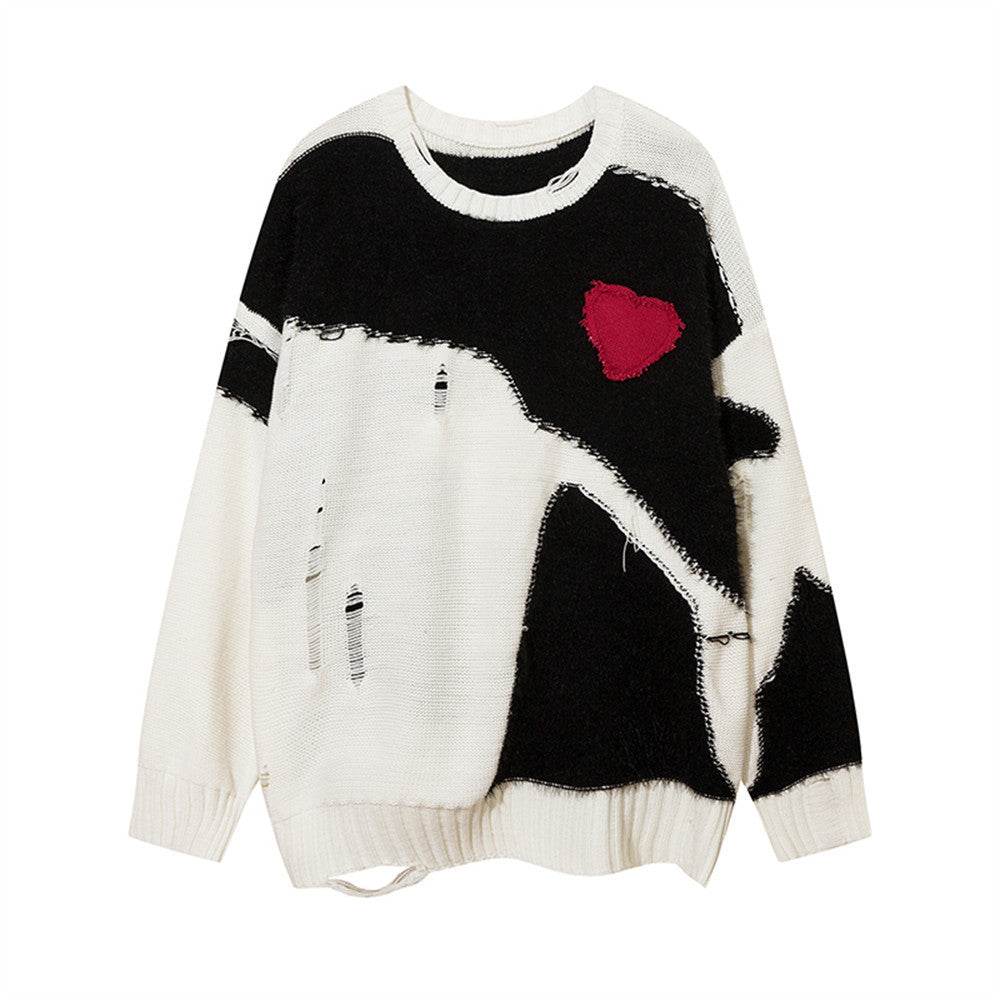 UNIKCOSA Color Contrast Patchwork Sweater – Black & White Street Knit for Men