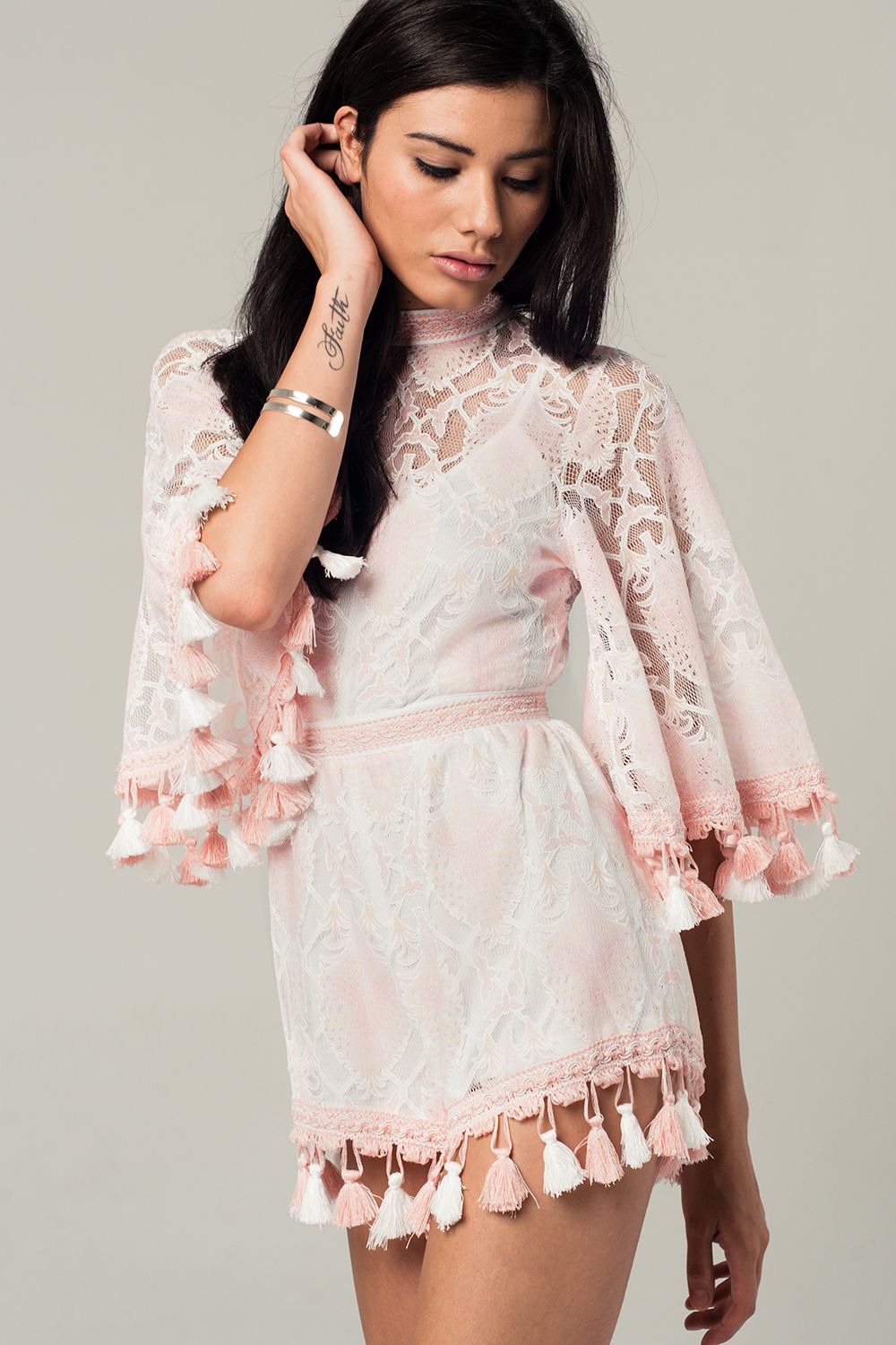 UNIKCOSA Lace romper with tassels in pink