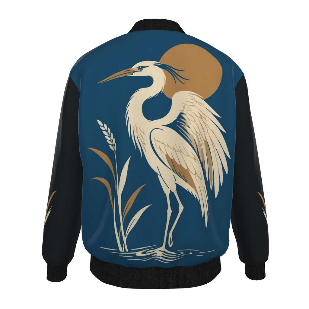 Moonlit Heron Luxury Duchess Satin Bomber Jacket