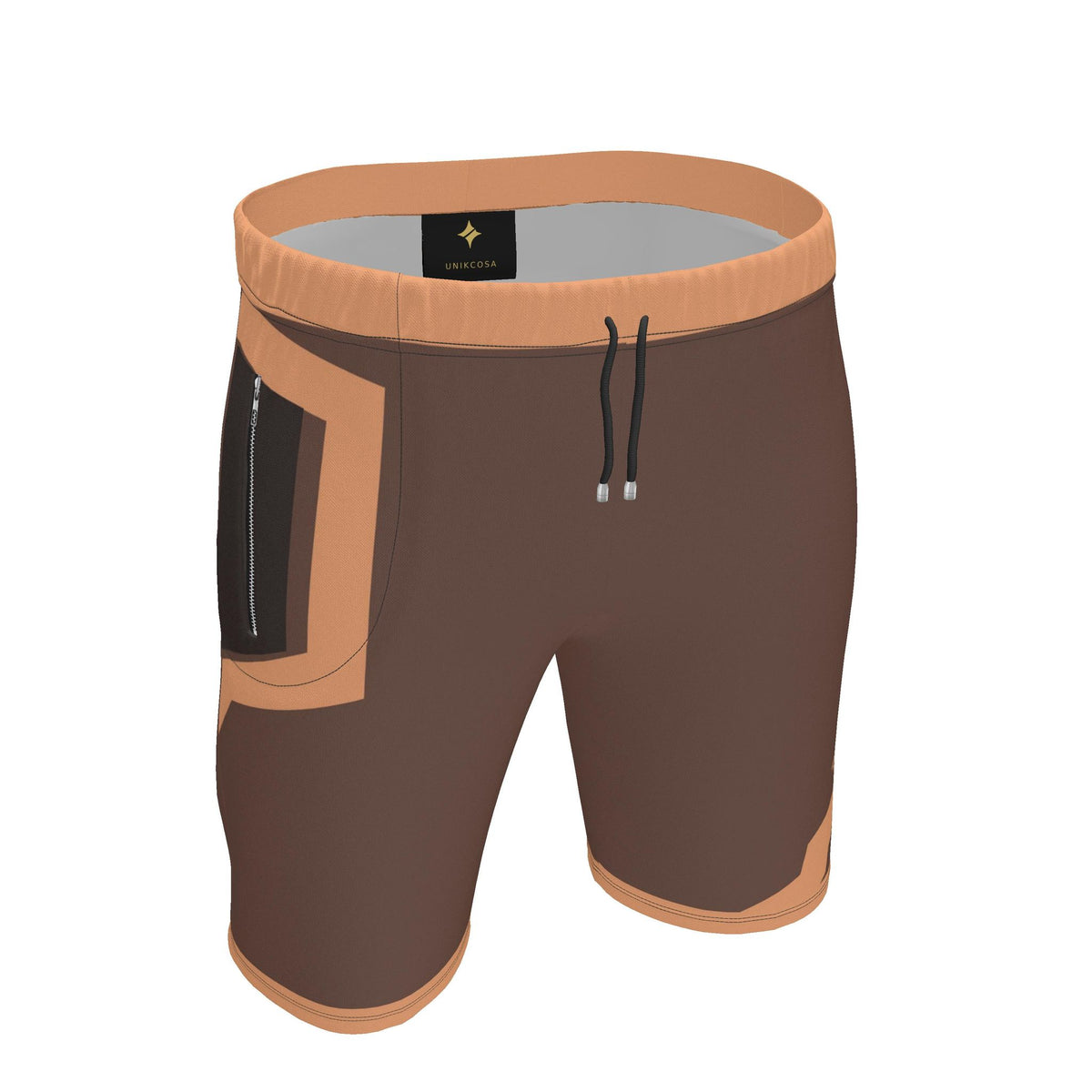 UNIKCOSA Cocoa Apricot Frame men's Ponte Jersey shorts in cocoa brown and muted apricot — original garment preview 1