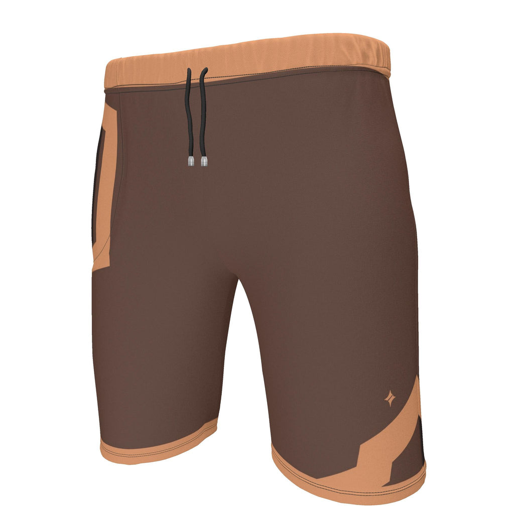 UNIKCOSA Cocoa Apricot Frame men's Ponte Jersey shorts in cocoa brown and muted apricot — original garment preview 2