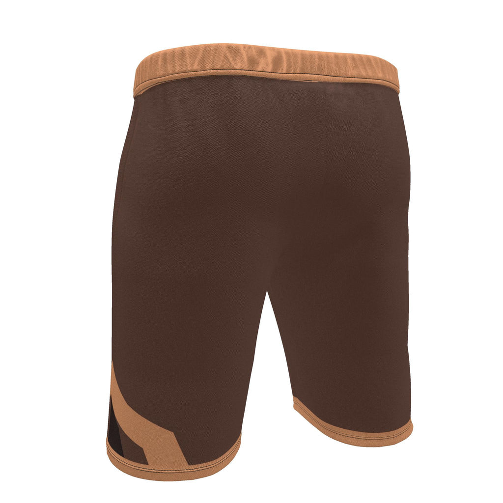 UNIKCOSA Cocoa Apricot Frame men's Ponte Jersey shorts in cocoa brown and muted apricot — original garment preview 4