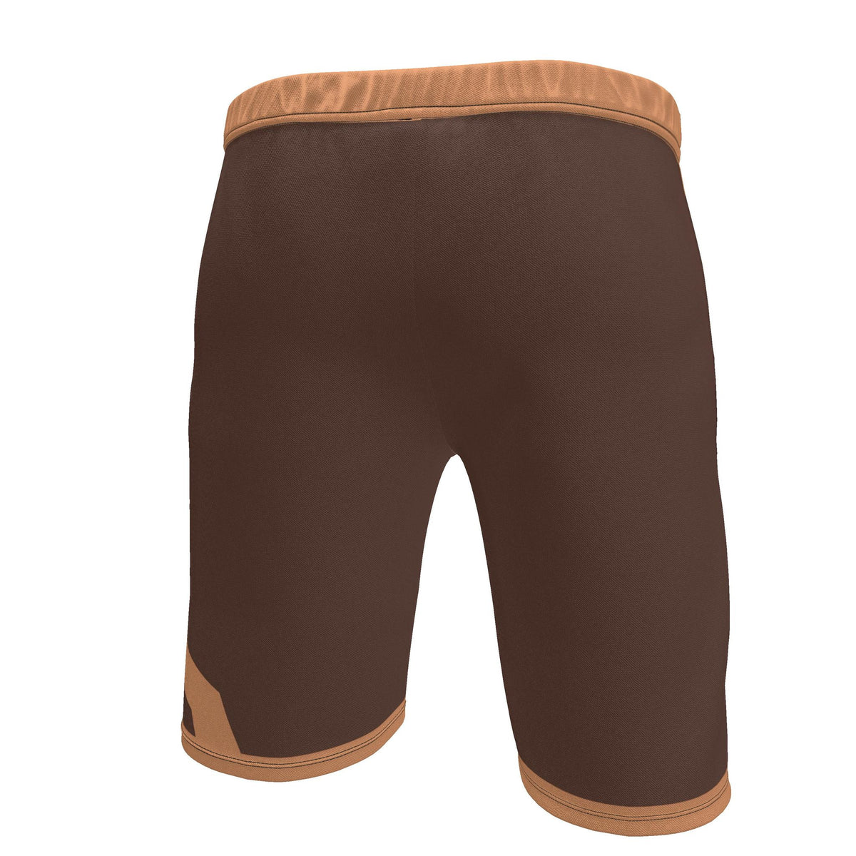 UNIKCOSA Cocoa Apricot Frame men's Ponte Jersey shorts in cocoa brown and muted apricot — original garment preview 5
