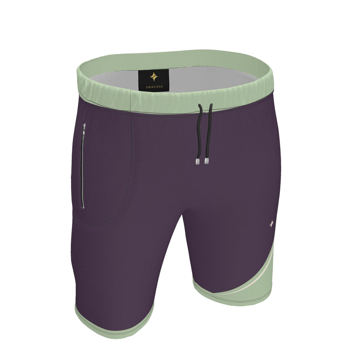 UNIKCOSA Aubergine Sage Arc men's Ponte Jersey shorts in aubergine, sage green and ivory — original garment preview 1